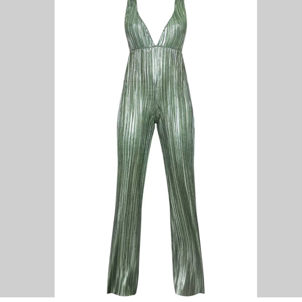 PrettyLittleThing Green Shimmer Jumpsuit with Wide-Leg Design